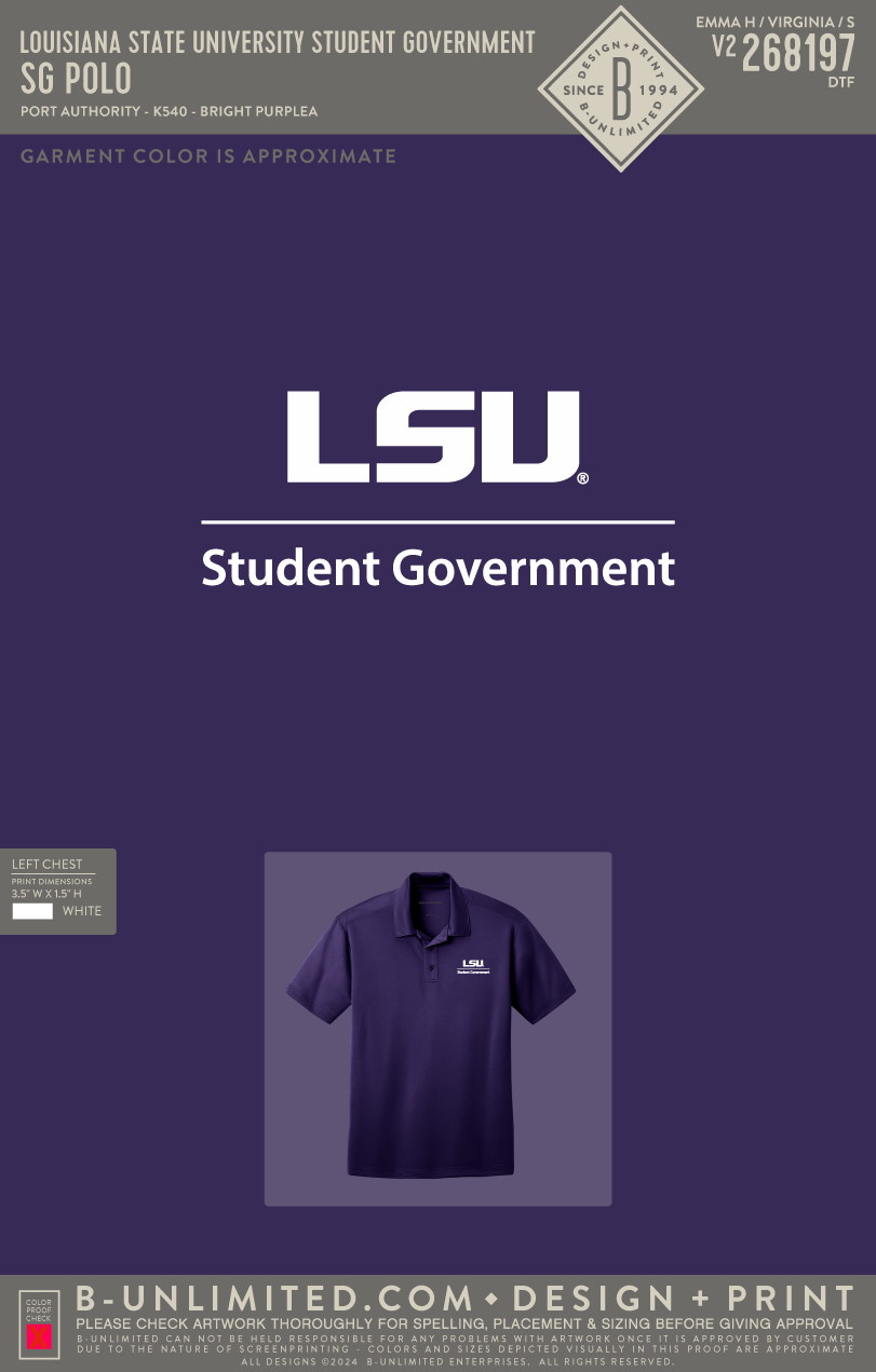 Louisiana State University Student Government - SG Polo - Port Authority - K540 - Silk Touch Performance Polo - Bright Purple