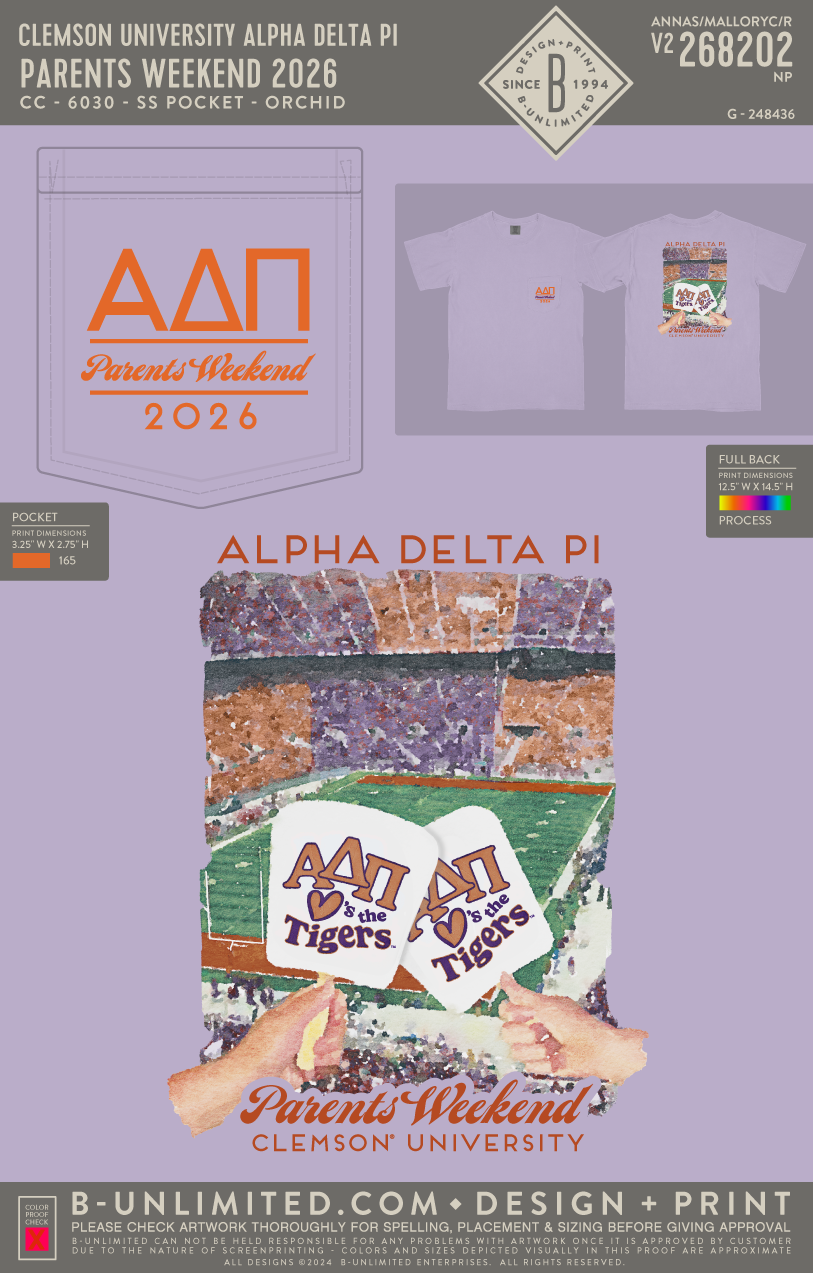 Clemson University Alpha Delta Pi - Parents Weekend 2026 - CC - 6030 - SS Pocket - Orchid