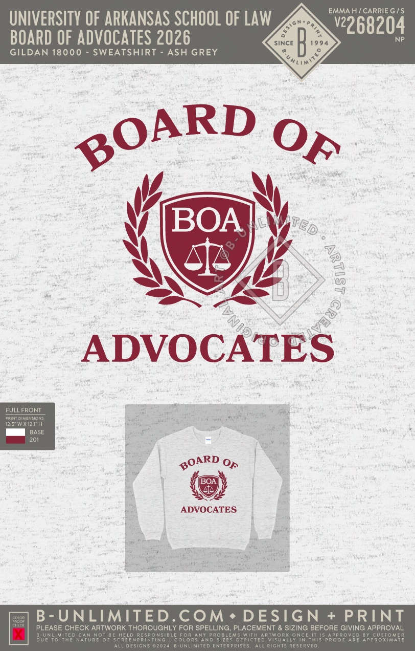 University of Arkansas School of Law - Board of Advocates 2026 - Gildan - 18000 - Crewneck Sweatshirt - Ash Grey