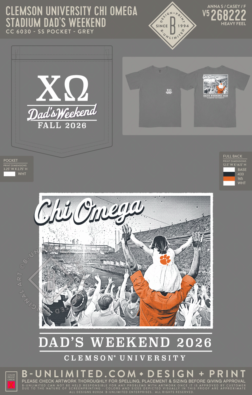 Clemson University Chi Omega - Stadium Dad's Weekend - CC - 6030 - SS Pocket - Grey
