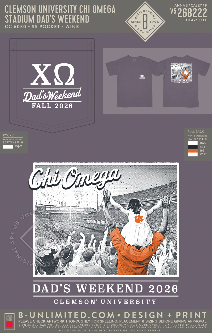 Clemson University Chi Omega - Stadium Dad's Weekend - CC - 6030 - SS Pocket - Wine