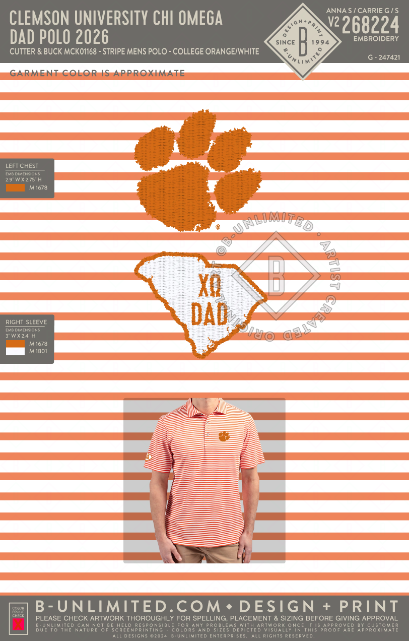 Clemson University Chi Omega - Dad Polo 2026 - Cutter & Buck - MCK01168 - Virtue Eco Pique Stripe Recycled Mens Polo - College Orange/White