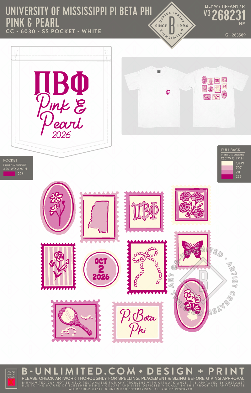 University of Mississippi Pi Beta Phi - Pink & Pearl - CC - 6030 - SS Pocket - White