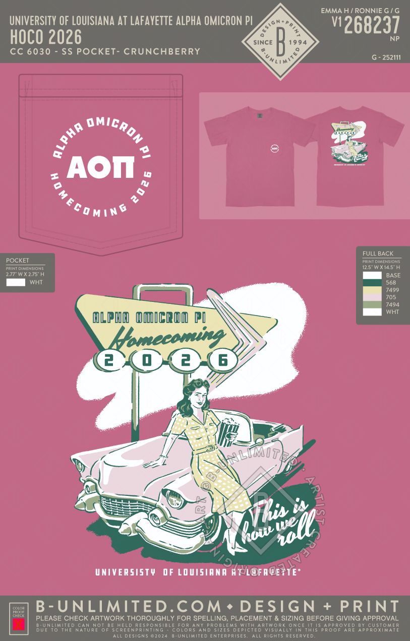 University of Louisiana at Lafayette Alpha Omicron Pi - HOCO 2026 - CC - 6030 - SS Pocket - Crunchberry