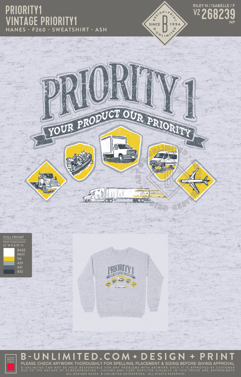 Priority1 - Vintage Priority1 - Hanes - F260 - Sweatshirt - Ash