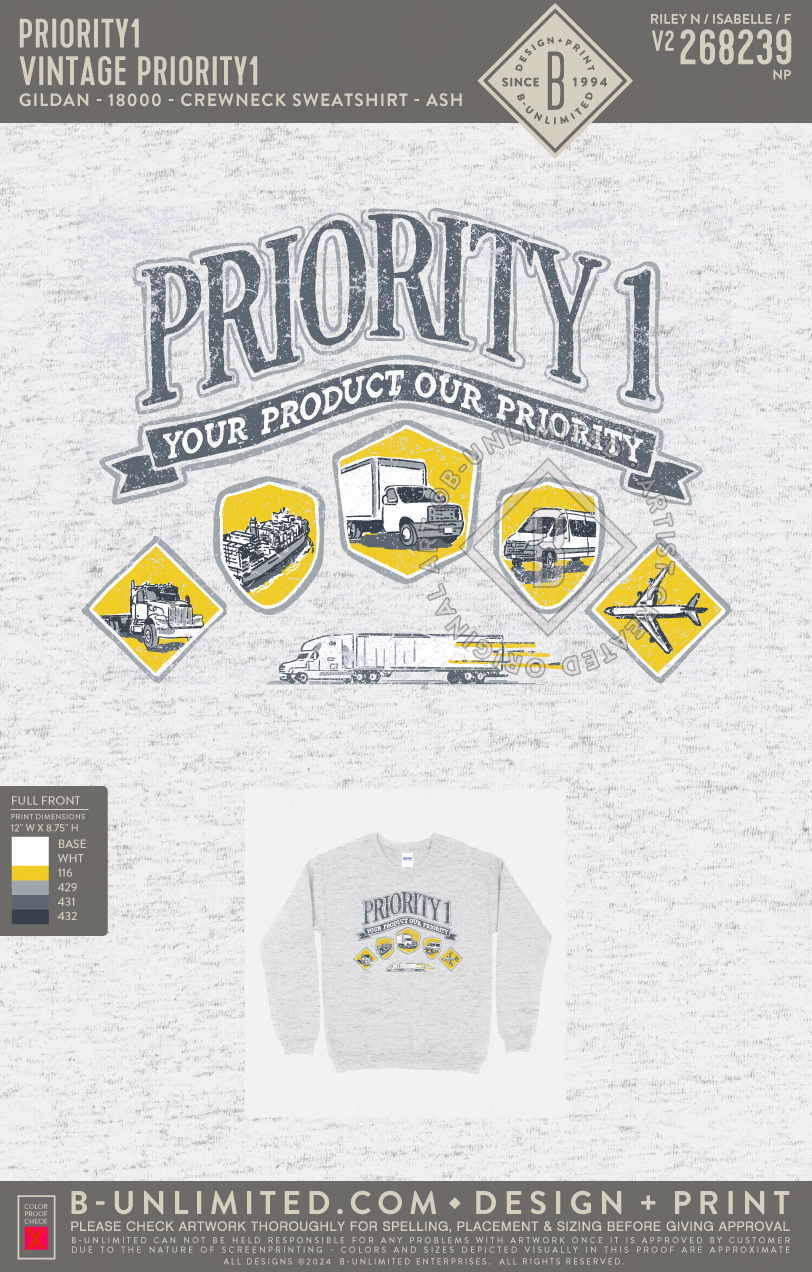 Priority1 - Vintage Priority1 - Gildan - 18000 - Crewneck Sweatshirt - Ash Grey