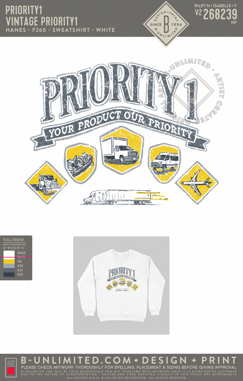 Priority1 - Vintage Priority1 - Hanes - F260 - Sweatshirt - White