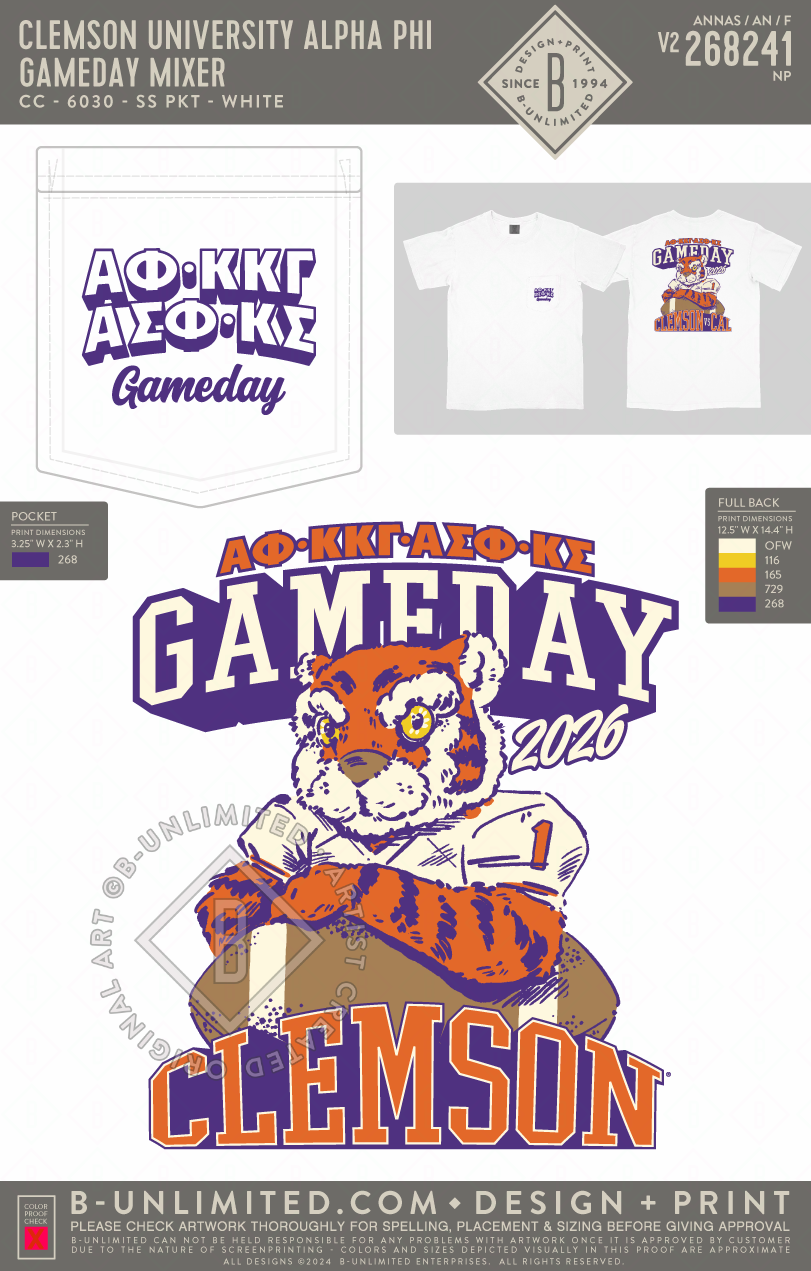 Clemson University Alpha Phi - Gameday Mixer - CC - 6030 - SS Pocket - White