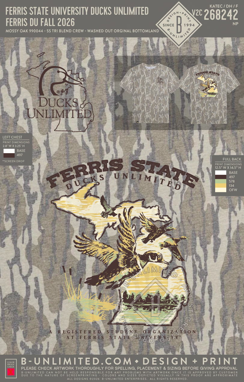Ferris State University Ducks Unlimited - Ferris DU Fall 2026 - Mossy Oak - 990044 - Short Sleeve Tri-Blend - Washed Out Orginal Bottomland