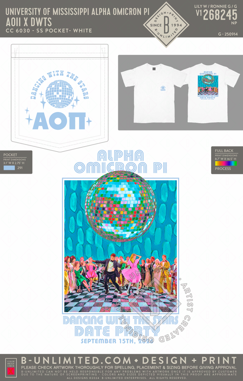 University of Mississippi Alpha Omicron Pi - AOII x DWTS - CC - 6030 - SS Pocket - White