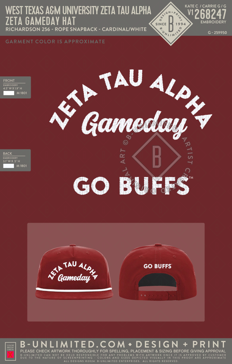 West Texas A&M University Zeta Tau Alpha - Zeta Gameday Hat - Richardson - 256 - Rope Snapback Hat - Cardinal/White