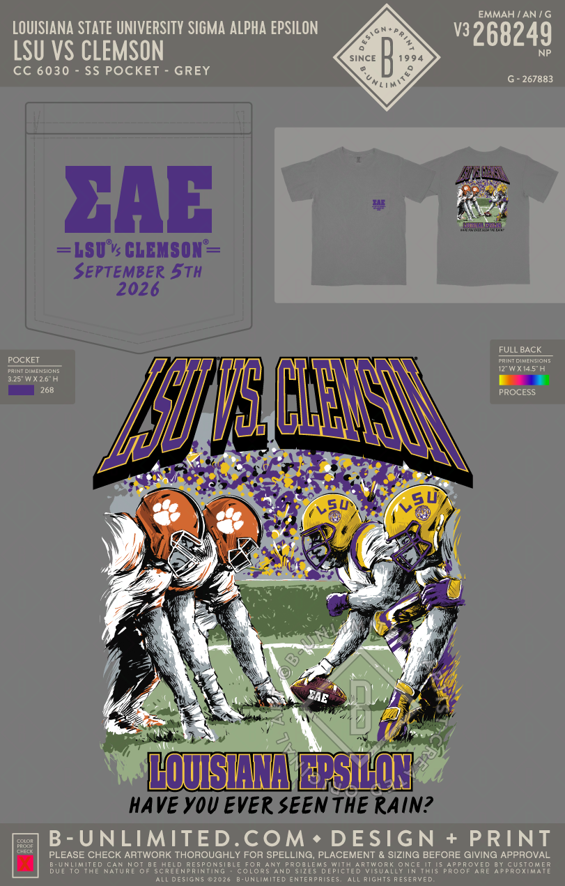 Louisiana State University Sigma Alpha Epsilon - LSU VS Clemson - CC - 6030 - SS Pocket - Grey