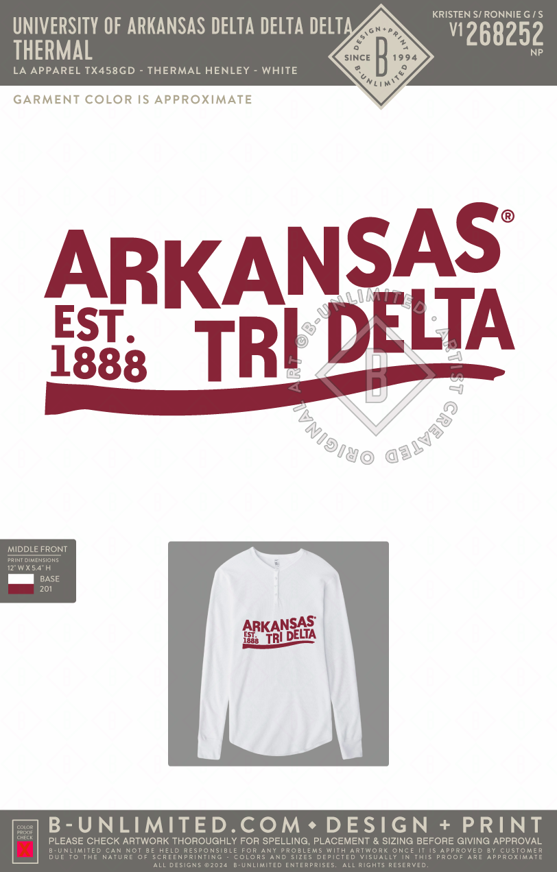 University of Arkansas Delta Delta Delta - Thermal - LA Apparel - TX458GD - Heavy Thermal Heritage Henley - White