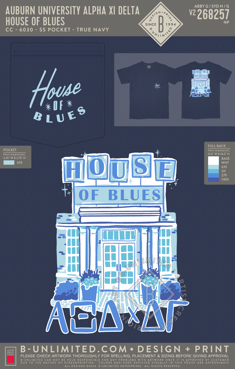 Auburn University Alpha Xi Delta - House of Blues - CC - 6030 - SS Pocket - True Navy