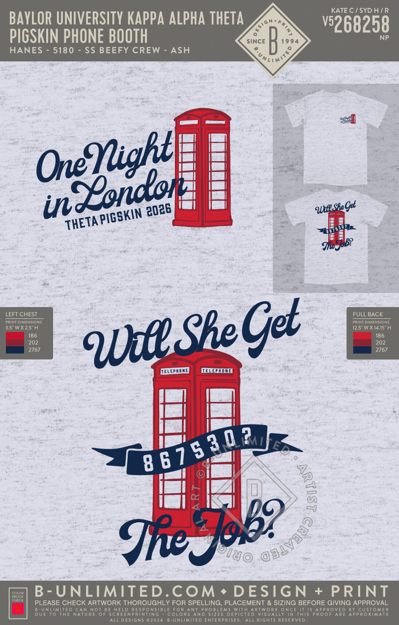 Baylor University Kappa Alpha Theta - Pigskin Phone Booth - Hanes - 5180 - SS Beefy Crew - Ash