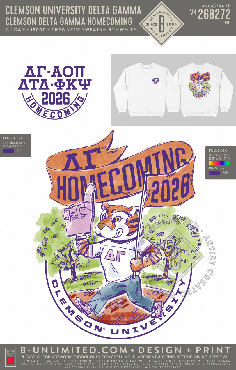 Clemson University Delta Gamma - Clemson Delta Gamma Homecoming - Gildan - 18000 - Crewneck Sweatshirt - White