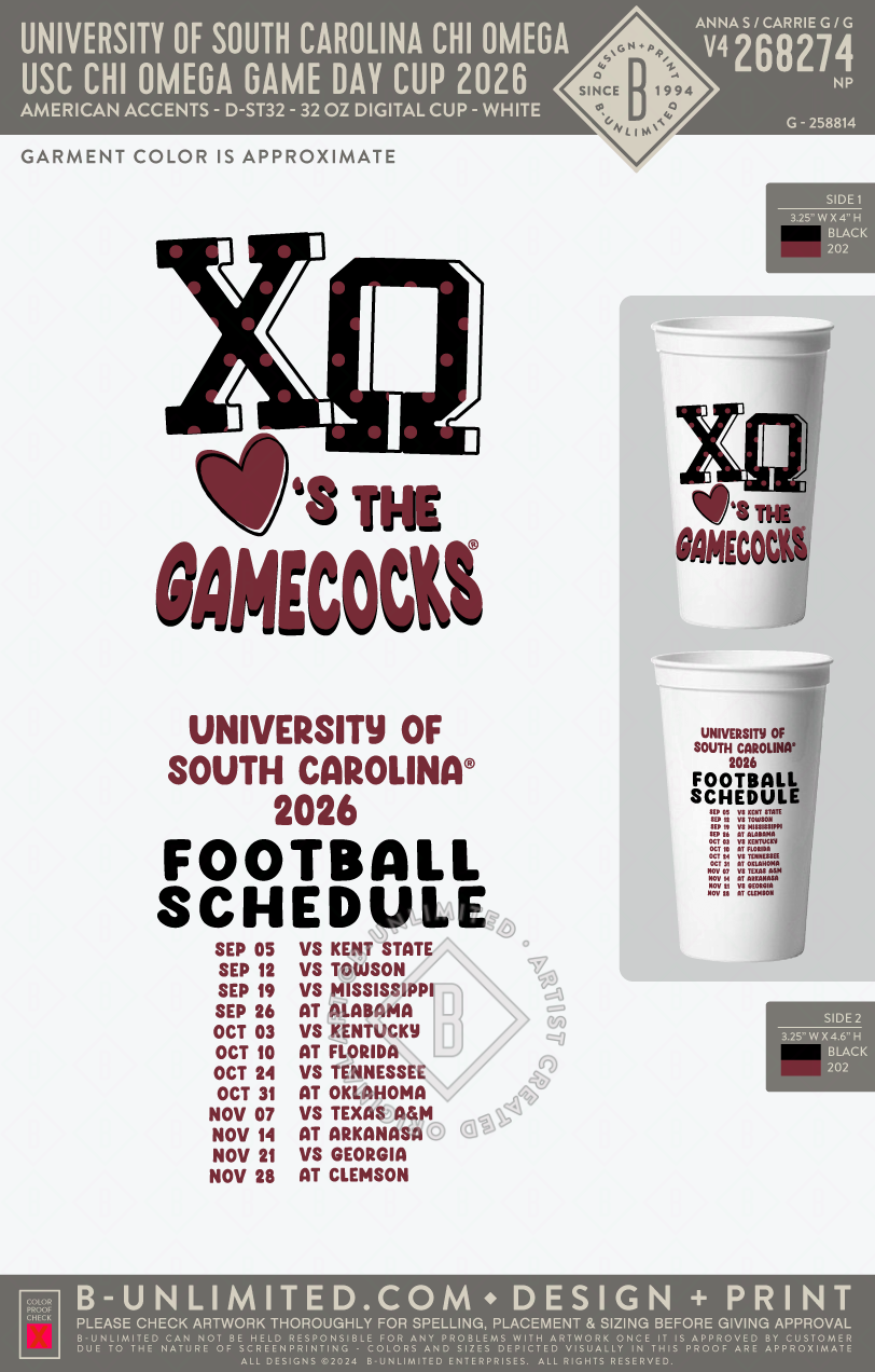 University of South Carolina Chi Omega - USC Chi Omega game day cup 2026 - American Accents - D-ST32 - 32 oz Digital Cup - White