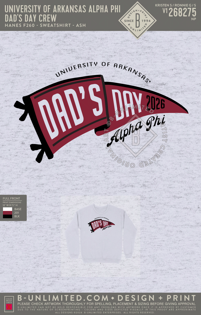 University of Arkansas Alpha Phi - Dad's Day Crew - Hanes - F260 - Sweatshirt - Ash
