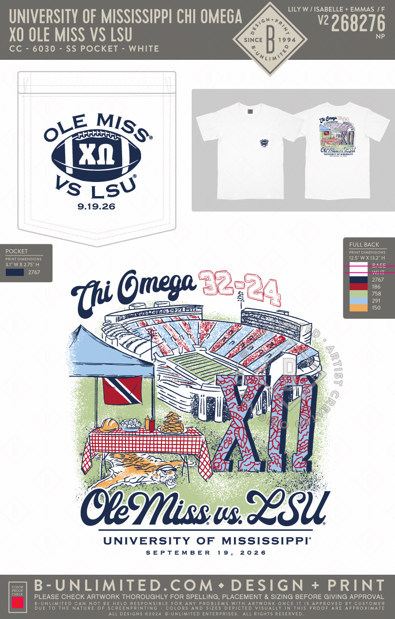 University of Mississippi Chi Omega - XO Ole Miss vs LSU - CC - 6030 - SS Pocket - White