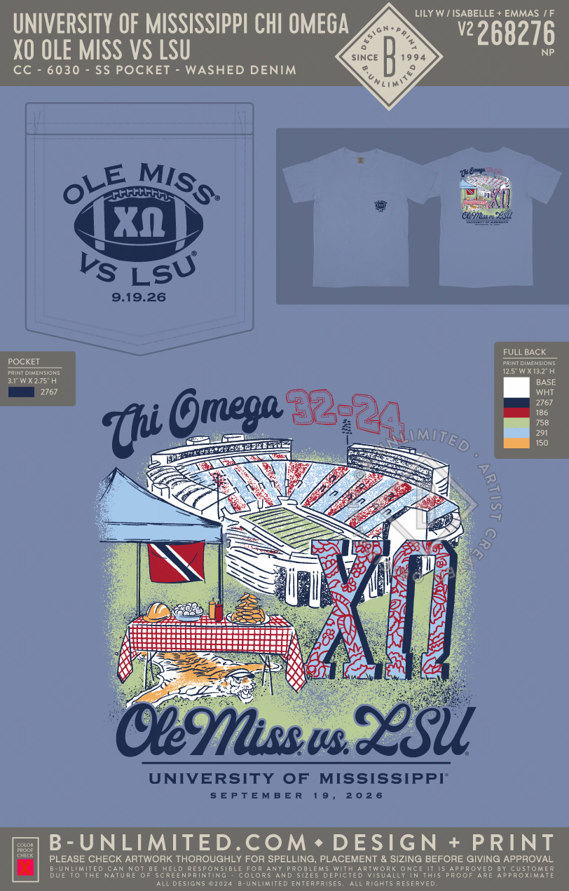 University of Mississippi Chi Omega - XO Ole Miss vs LSU - CC - 6030 - SS Pocket - Washed Denim