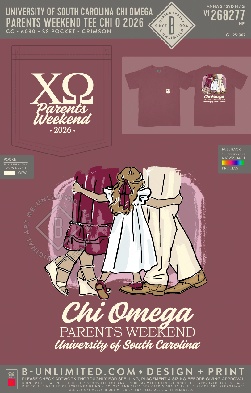 University of South Carolina Chi Omega - Parents weekend Tee Chi O 2026 - CC - 6030 - SS Pocket - Crimson