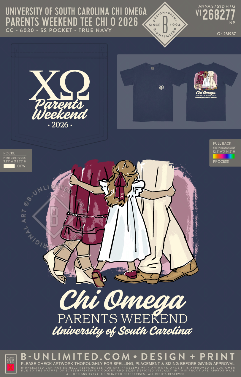University of South Carolina Chi Omega - Parents weekend Tee Chi O 2026 - CC - 6030 - SS Pocket - True Navy