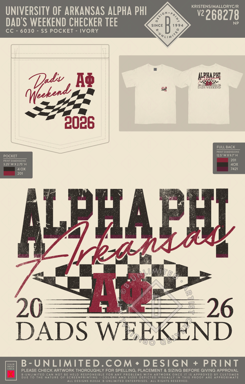 University of Arkansas Alpha Phi - Dad's Weekend Checker Tee - CC - 6030 - SS Pocket - Ivory