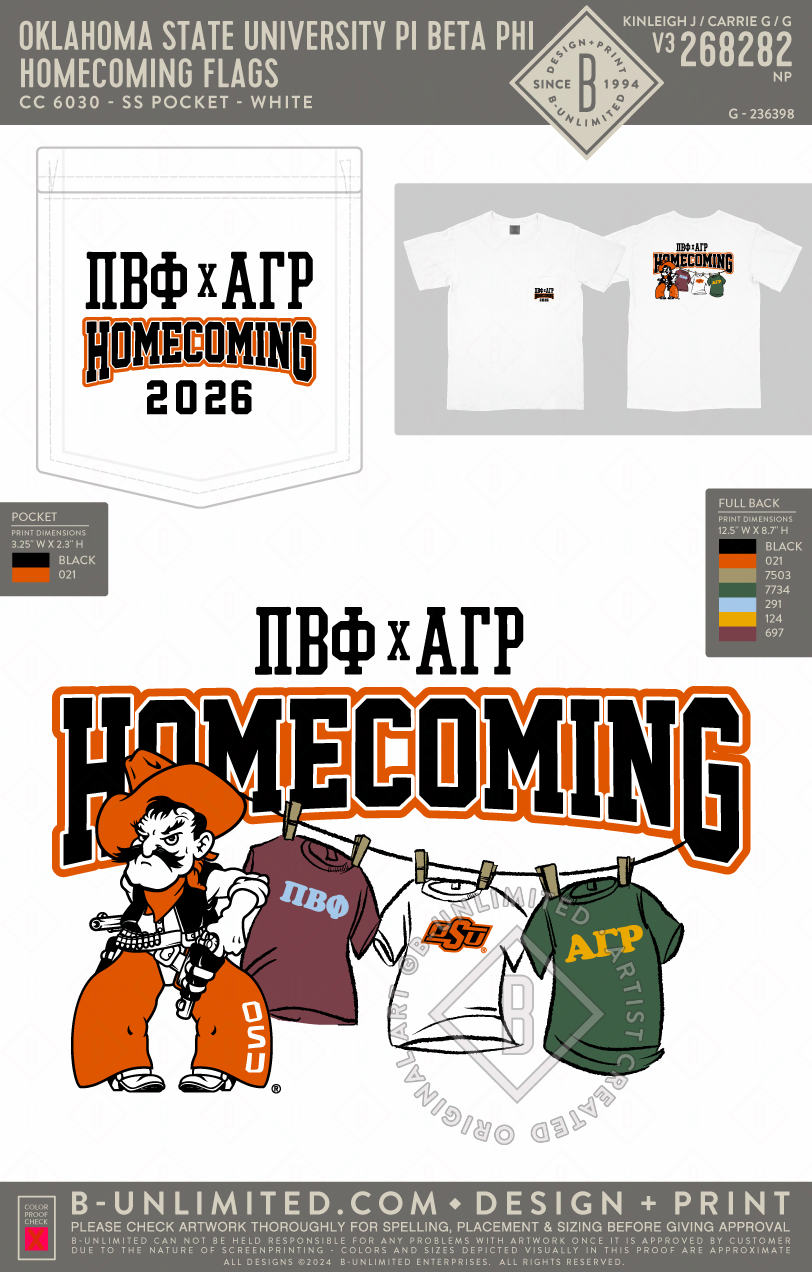 Oklahoma State University Pi Beta Phi - Homecoming flags - CC - 6030 - SS Pocket - White