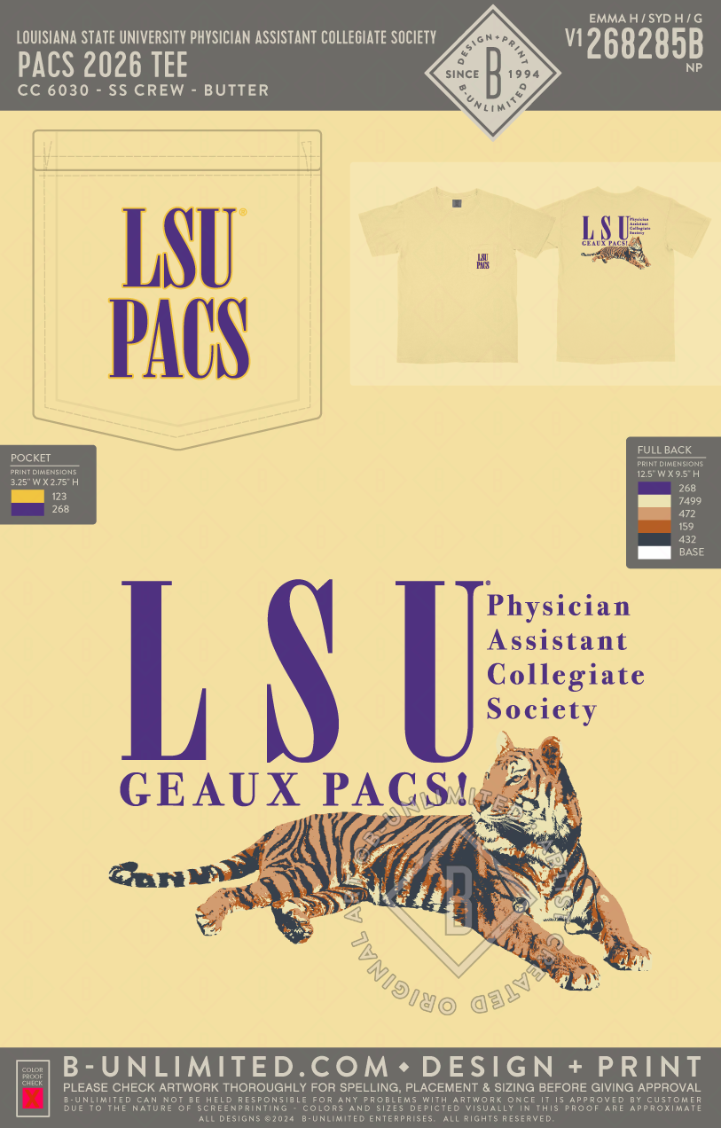 Louisiana State University Physician Assistant Collegiate Society - PACS 2026 TEE - CC - 6030 - SS Pocket - Butter
