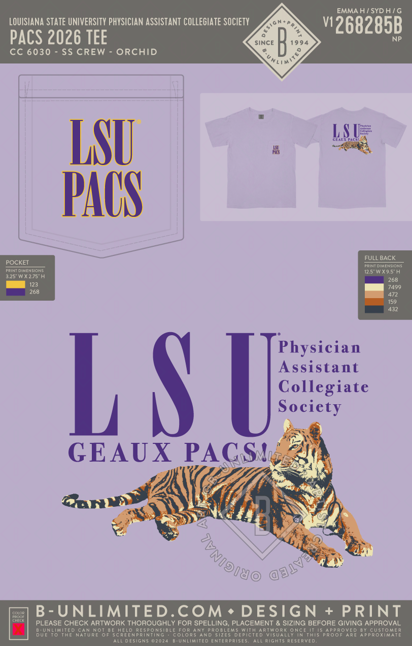 Louisiana State University Physician Assistant Collegiate Society - PACS 2026 TEE - CC - 6030 - SS Pocket - Orchid