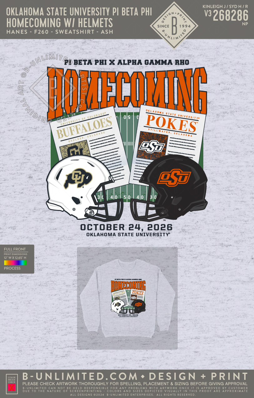Oklahoma State University Pi Beta Phi - Homecoming w/ helmets - Hanes - F260 - Sweatshirt - Ash