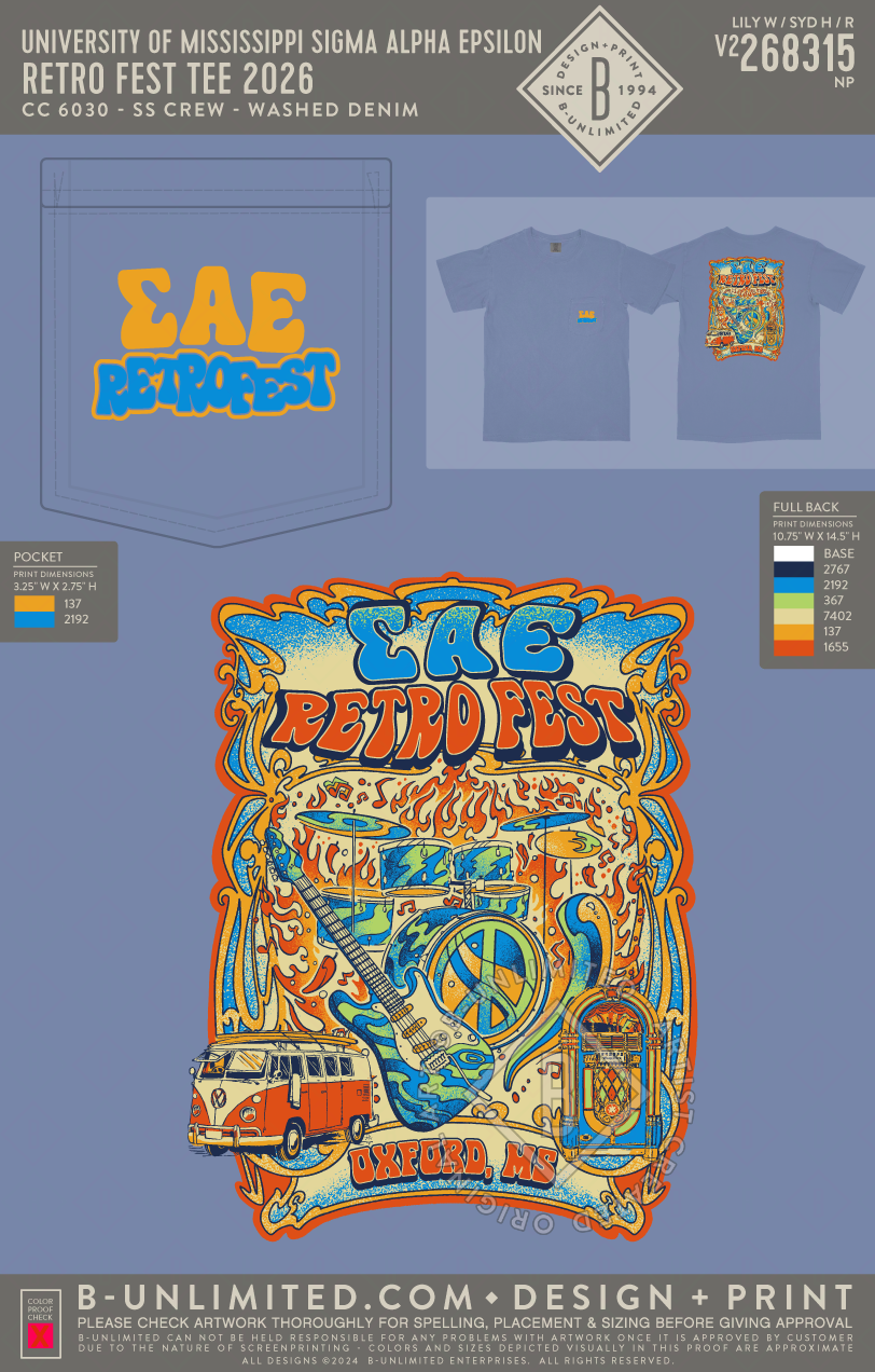 University of Mississippi Sigma Alpha Epsilon - Retro Fest Tee 2026 - CC - 6030 - SS Pocket - Washed Denim