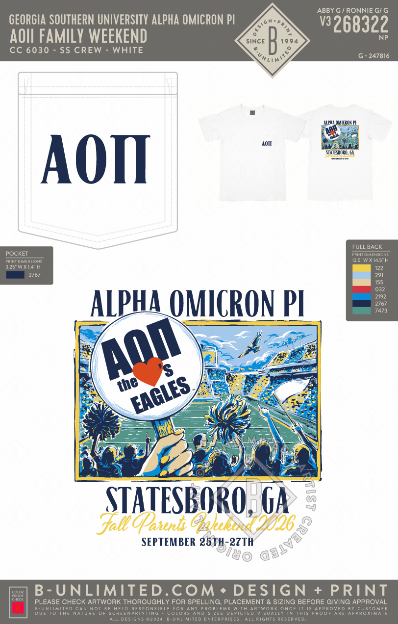 Georgia Southern University Alpha Omicron Pi - AOII Family Weekend - CC - 6030 - SS Pocket - White