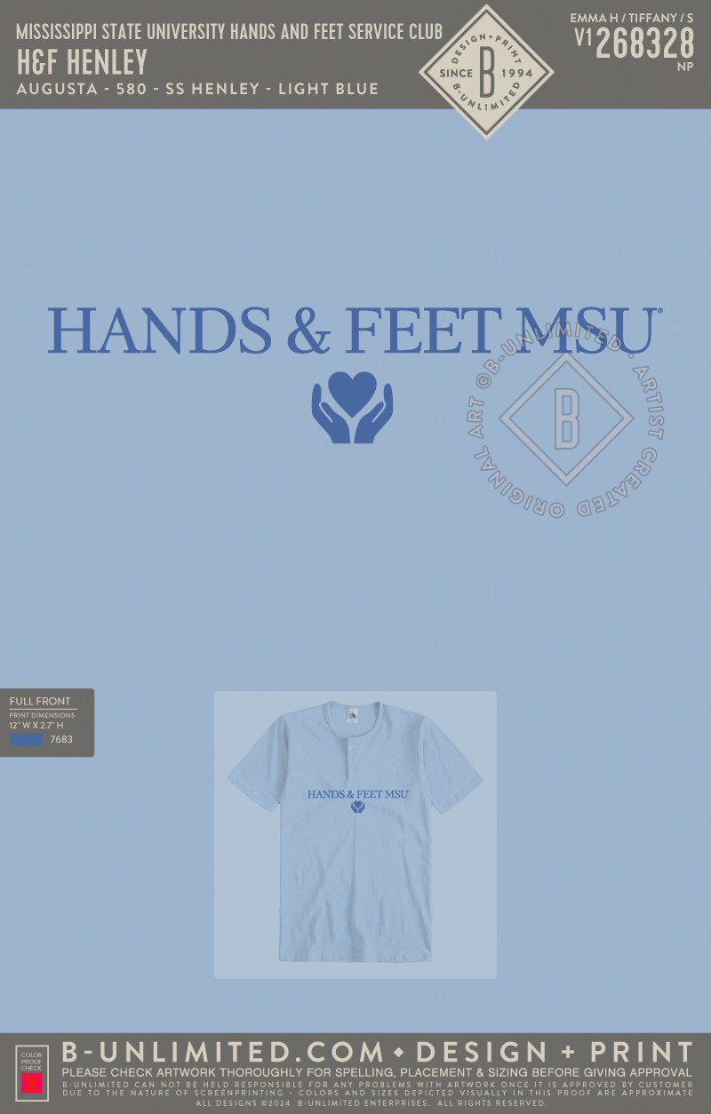 Mississippi State University Hands and Feet Service Club - H&F Henley - Augusta - 580 - SS Henley - Light Blue