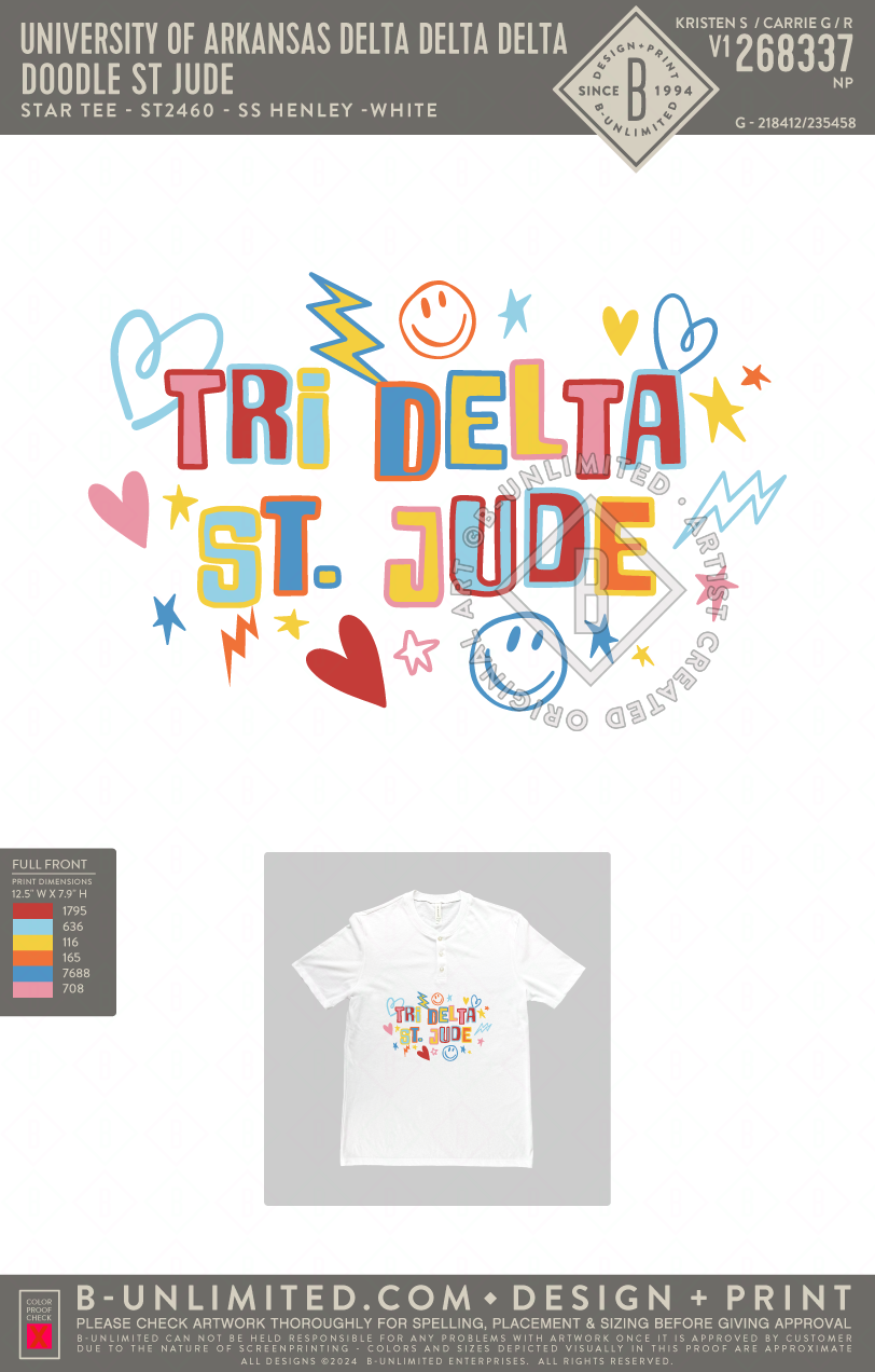 University of Arkansas Delta Delta Delta - Doodle St Jude - Star Tee - ST2460 - SS Henley - White
