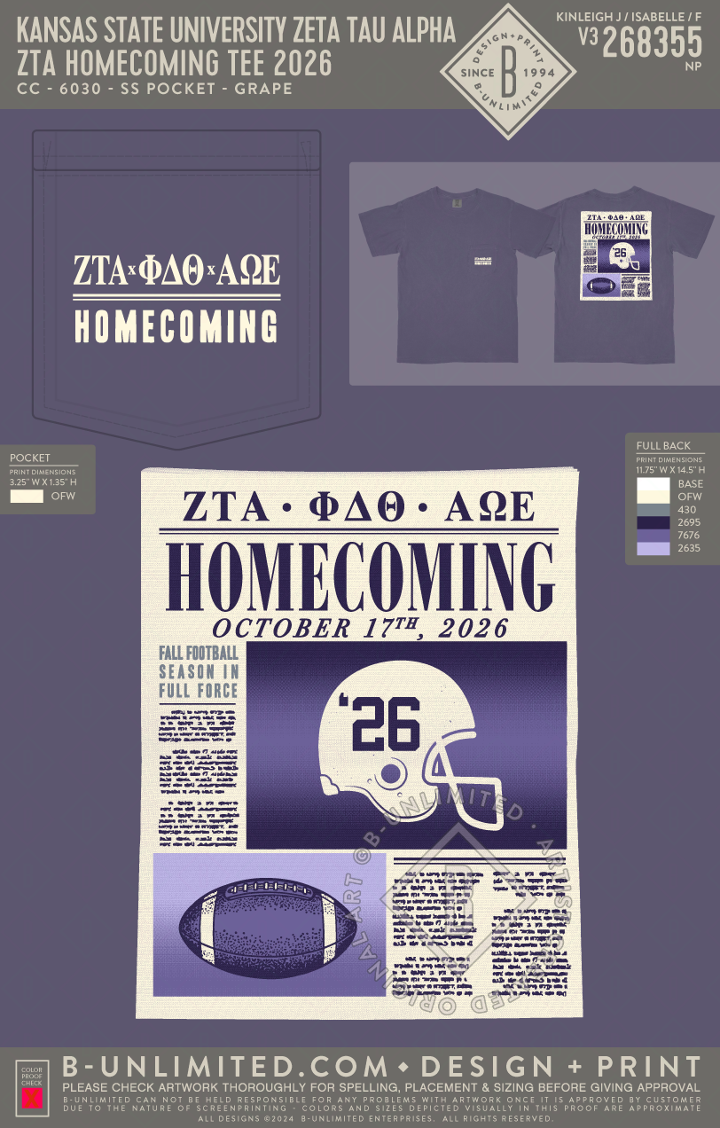 Kansas State University Zeta Tau Alpha - ZTA Homecoming Tee 2026 - CC - 6030 - SS Pocket - Grape