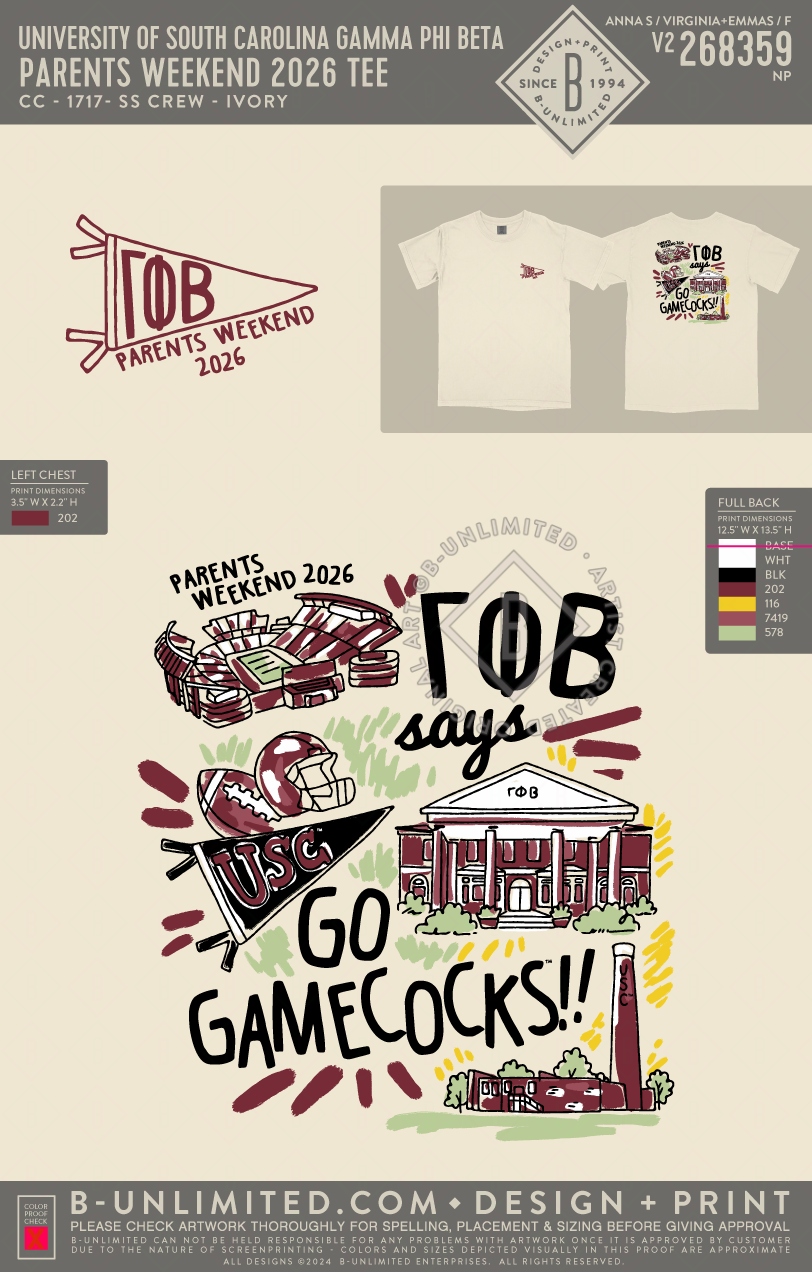 University of South Carolina Gamma Phi Beta - Parents weekend 2026 Tee - CC - 1717 - SS Crew - Ivory