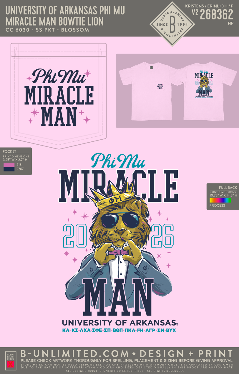 University of Arkansas Phi Mu - Miracle Man Bowtie Lion - CC - 6030 - SS Pocket - Blossom