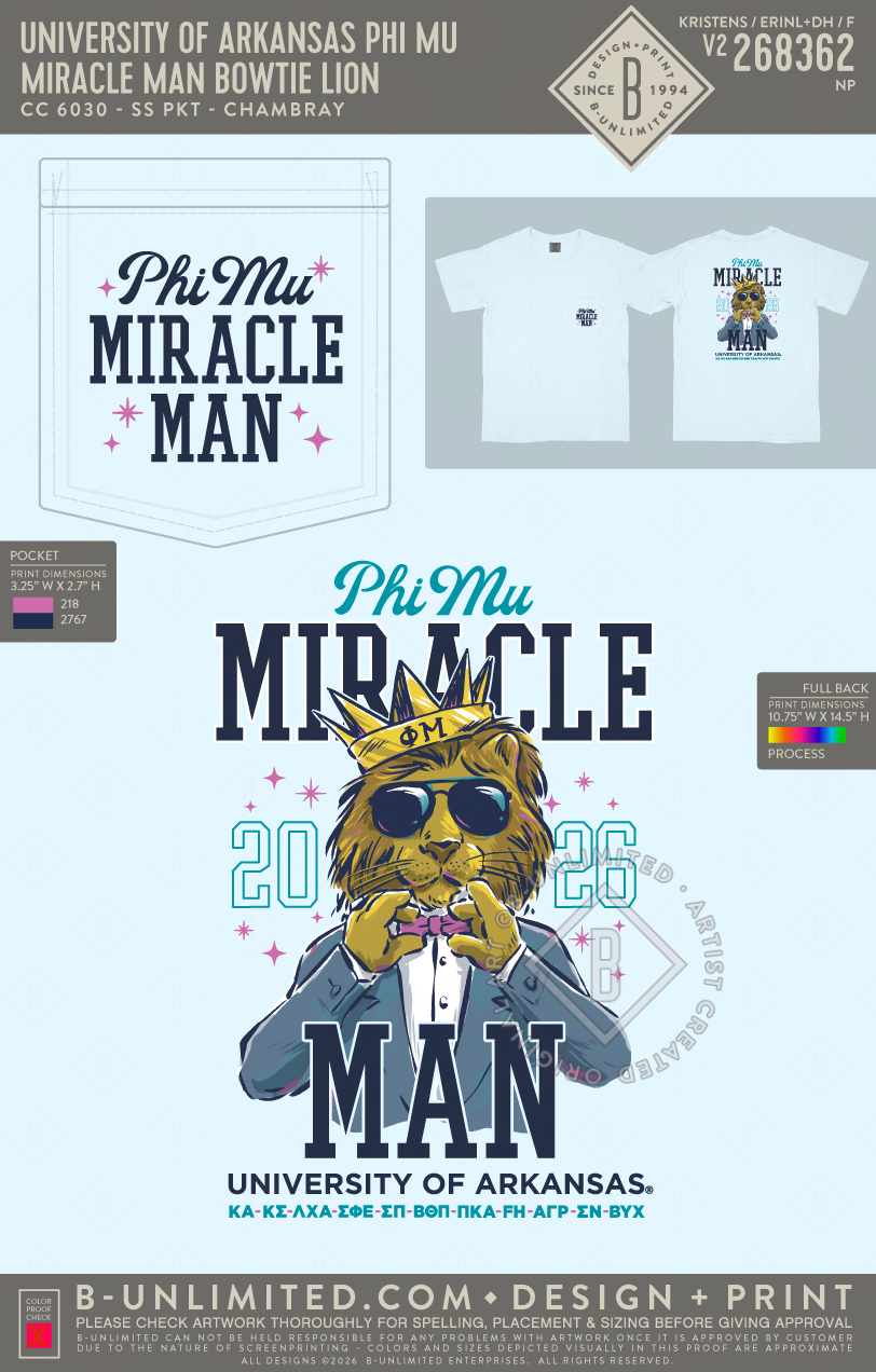 University of Arkansas Phi Mu - Miracle Man Bowtie Lion - CC - 6030 - SS Pocket - Chambray