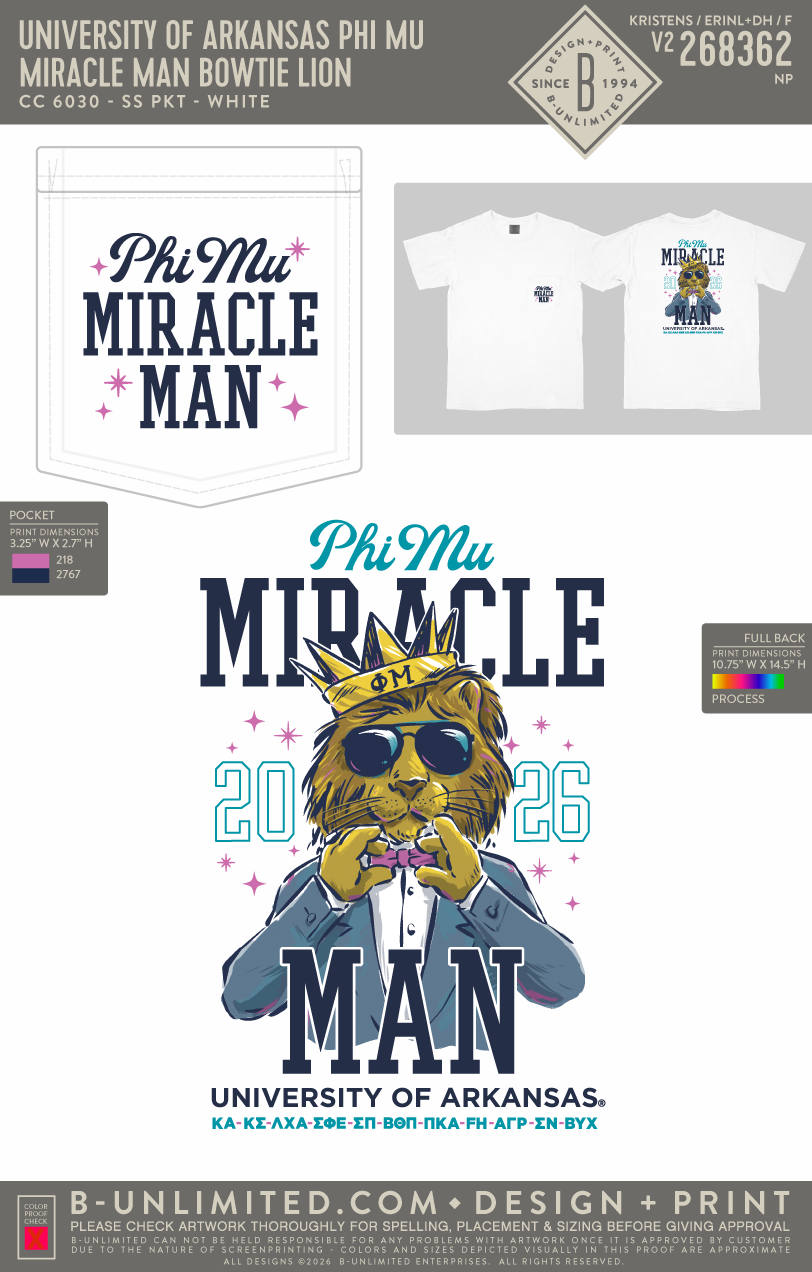 University of Arkansas Phi Mu - Miracle Man Bowtie Lion - CC - 6030 - SS Pocket - White