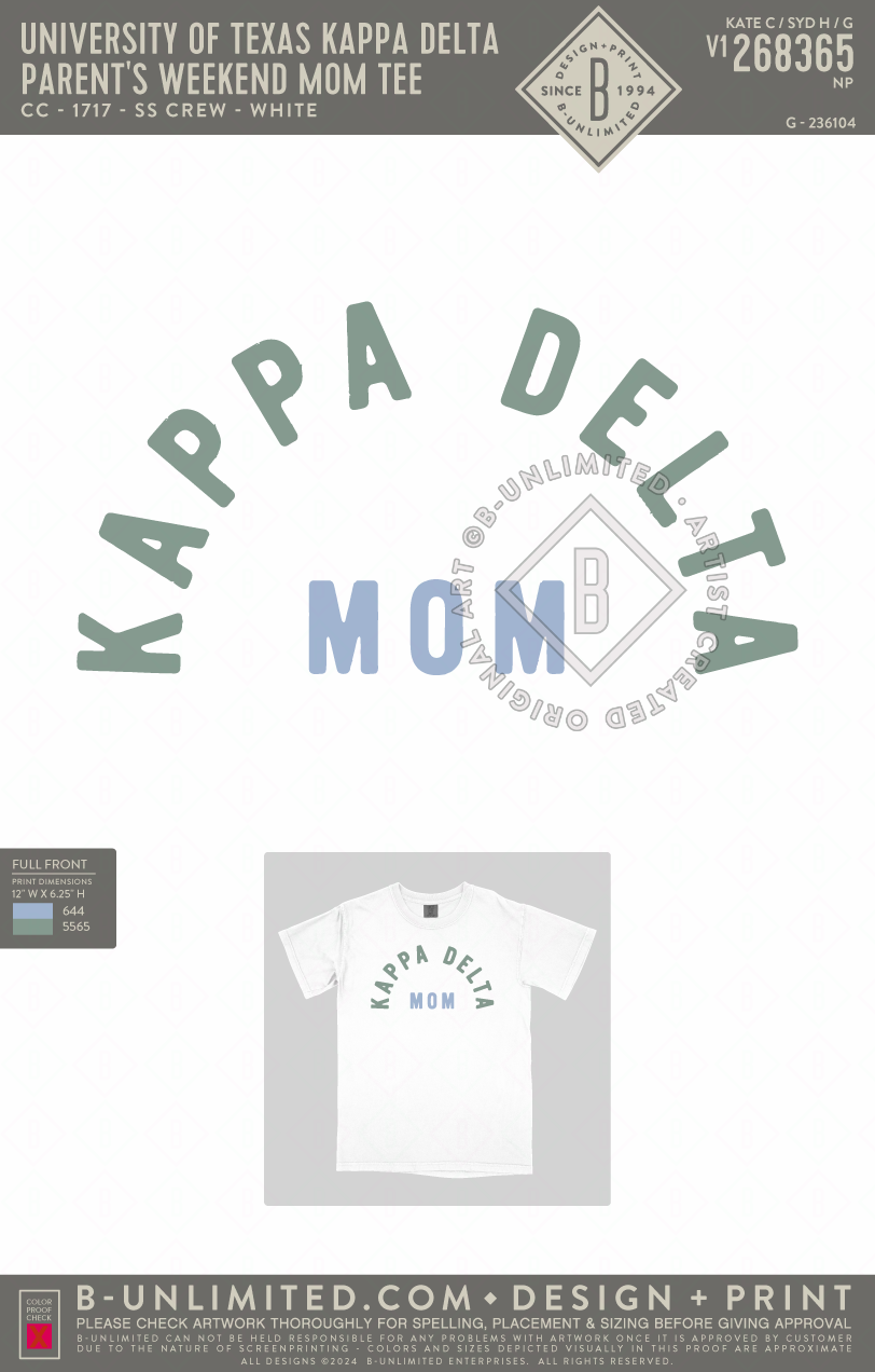 University of Texas Kappa Delta - Parent's Weekend Mom Tee - CC - 1717 - SS Crew - White