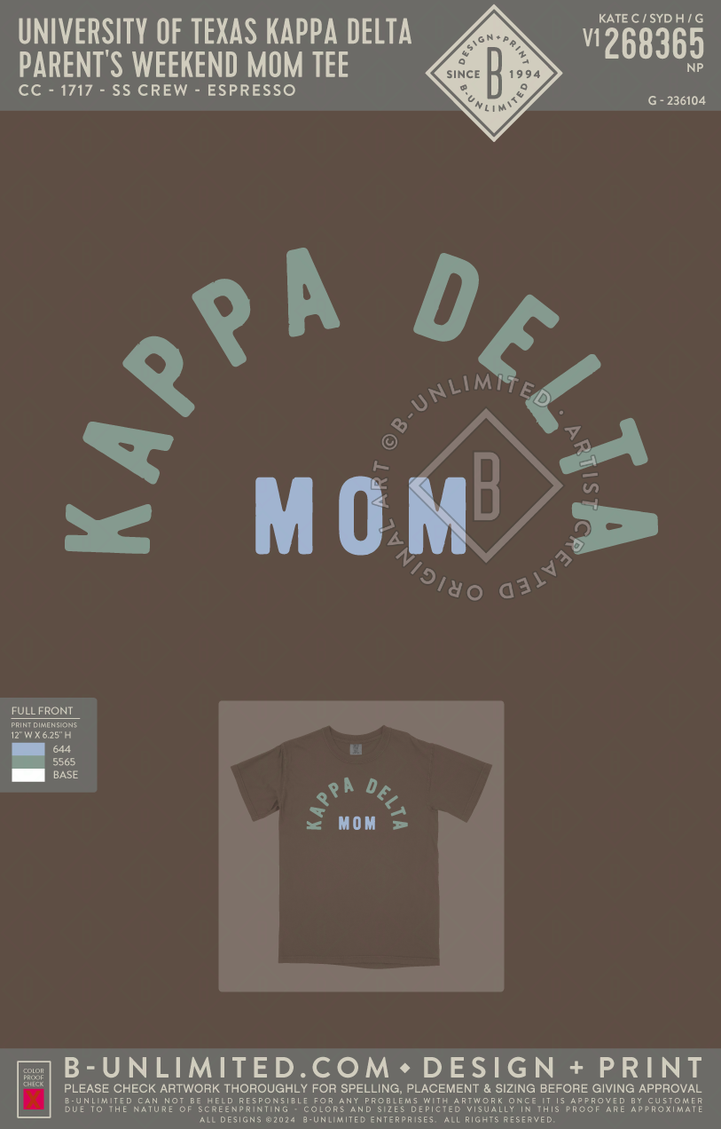 University of Texas Kappa Delta - Parent's Weekend Mom Tee - CC - 1717 - SS Crew - Espresso