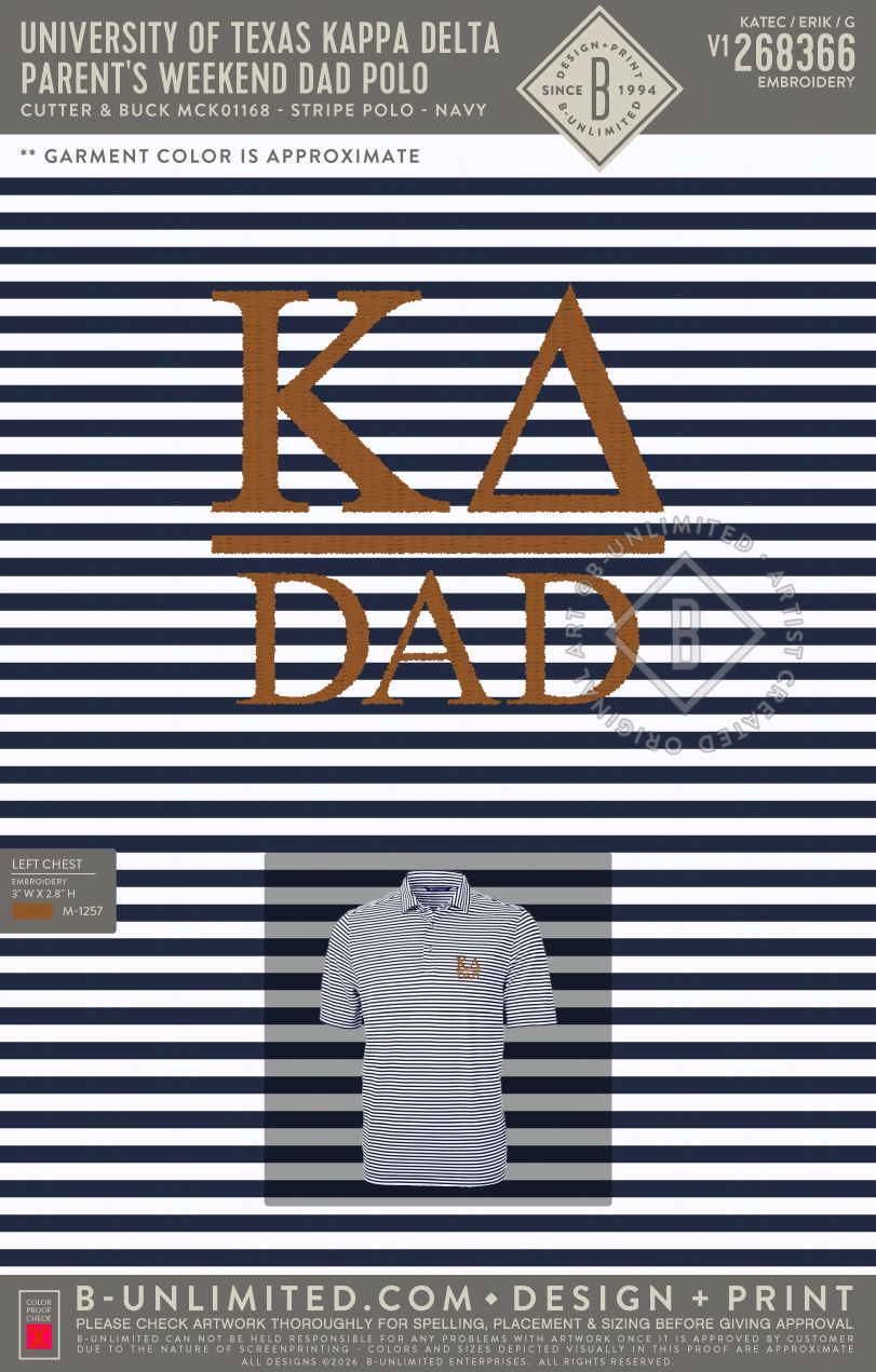 University of Texas Kappa Delta - Parent's Weekend Dad Polo - Cutter & Buck - MCK01168 - Virtue Eco Pique Stripe Recycled Mens Polo - Navy