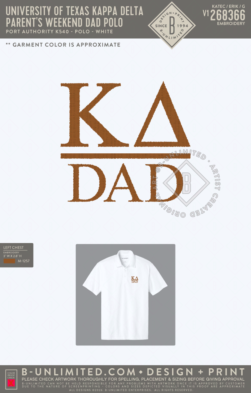 University of Texas Kappa Delta - Parent's Weekend Dad Polo - Port Authority - K540 - Silk Touch Performance Polo - White
