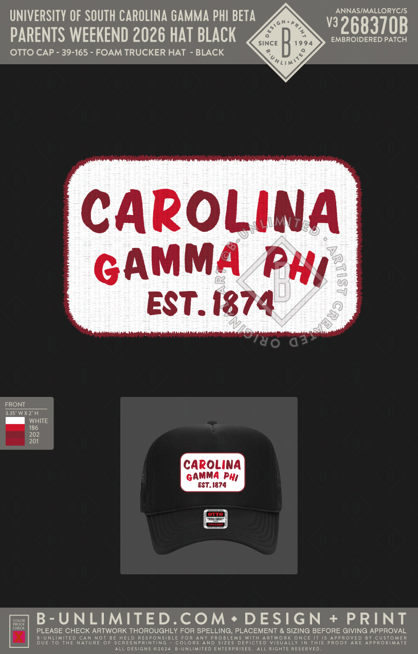 University of South Carolina Gamma Phi Beta - Parents weekend 2026 Hat Black - Otto Cap - 39-165 - Foam Trucker Hat - Black