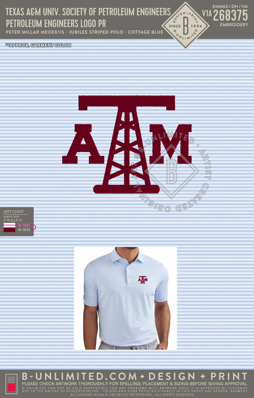 Texas A&M University Society of Petroleum Engineers - Petroleum Engineers Logo PR - Peter Millar - ME0EK11S - Men's Jubilee Striped Polo - Cottage Blue