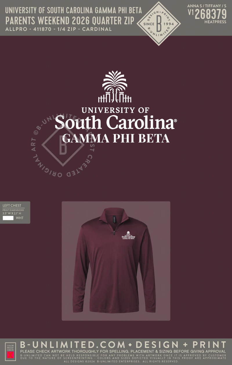 University of South Carolina Gamma Phi Beta - Parents weekend 2026 Quarter Zip - AllPro - 411870 - 1/4 Zip - Cardinal