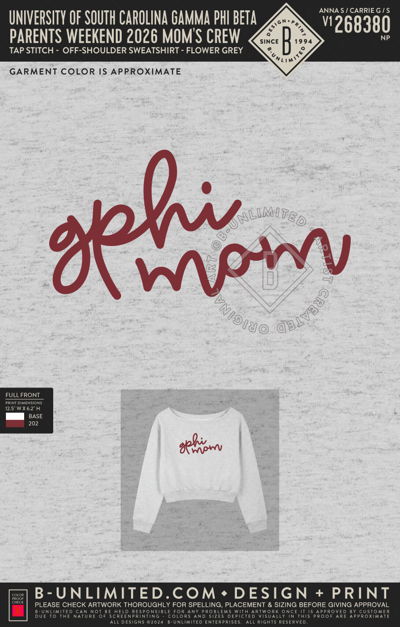 University of South Carolina Gamma Phi Beta - Parents weekend 2026 Mom's Crew - Tap Stitch - WT0058-C001-V2 - Off-Shoulder Sweatshirt - Flower Grey