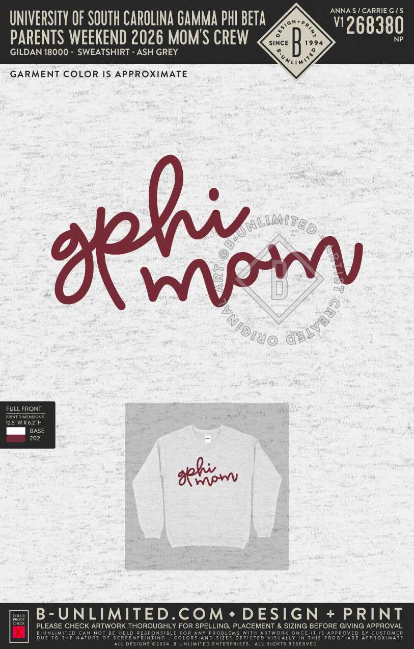 University of South Carolina Gamma Phi Beta - Parents weekend 2026 Mom's Crew - Gildan - 18000 - Crewneck Sweatshirt - Ash Grey