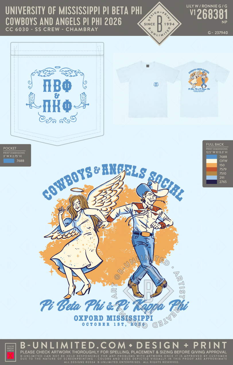 University of Mississippi Pi Beta Phi - Cowboys and Angels Pi Phi 2026 - CC - 6030 - SS Pocket - Chambray